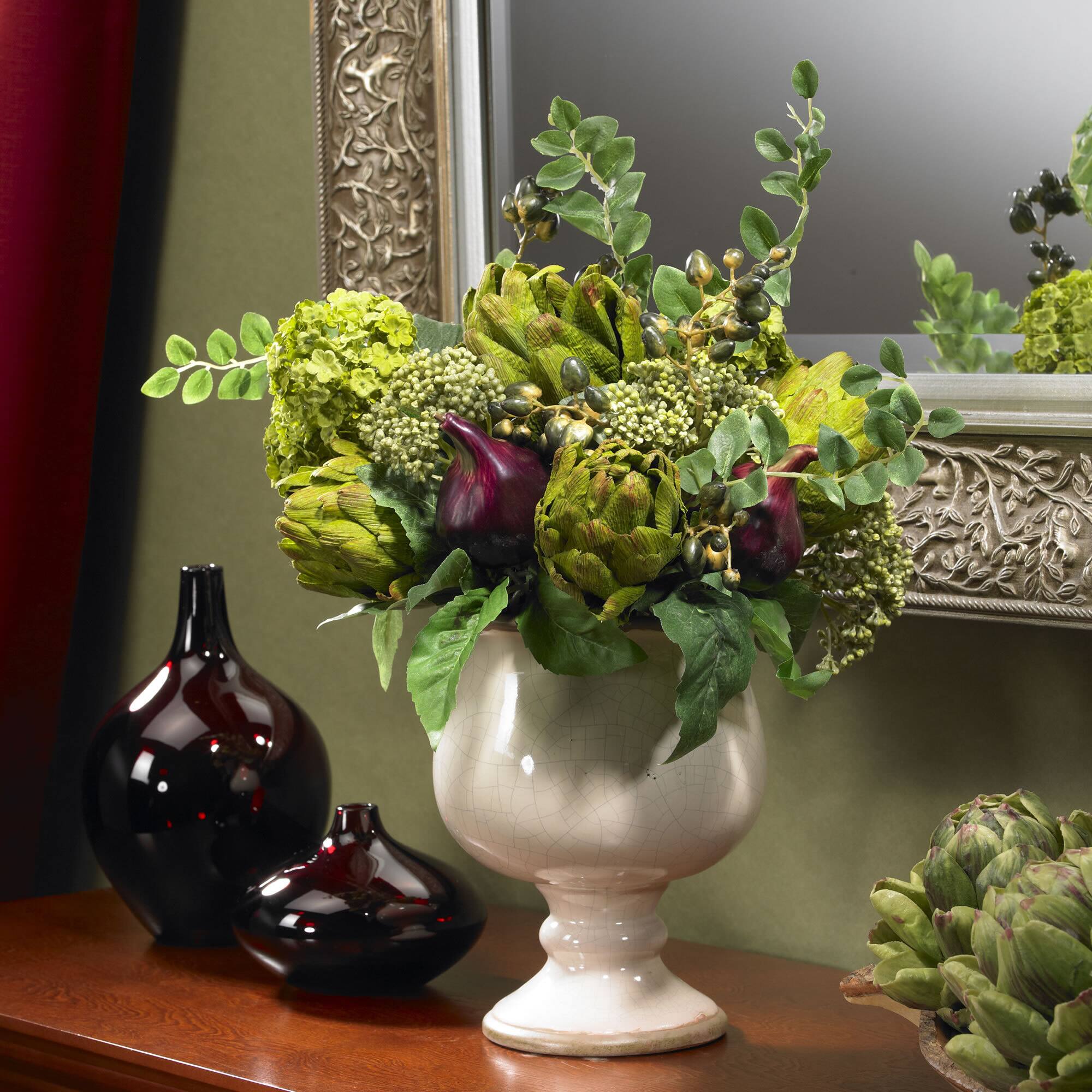 15" Artichoke & Hydrangea Arrangement in White Ceramic